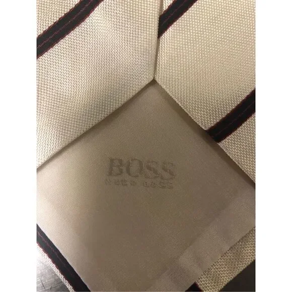 Boss Hugo Boss Men’s Silk Red and Cream Striped Dress Tie - Picture 2 of 8